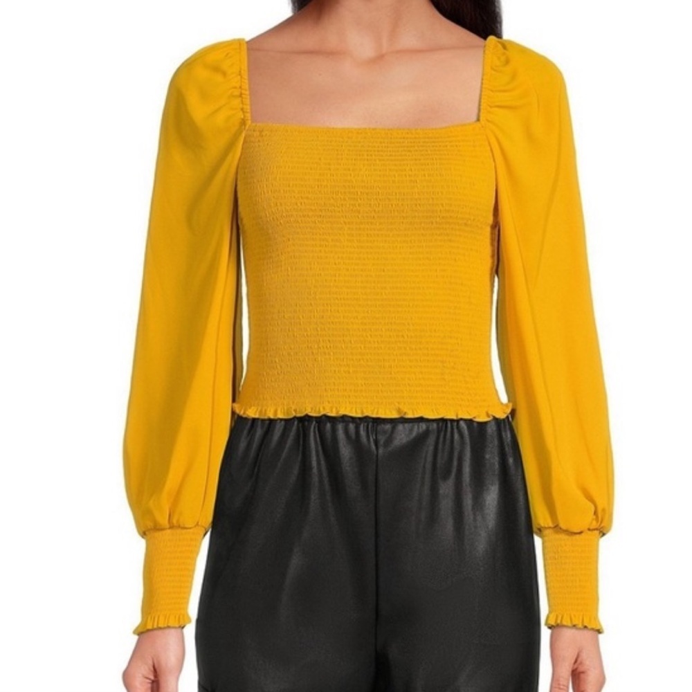 NWT Gianni Bini Angel Square Neck Long Balloon Sleeve Cropped Smocked Blouse XS
